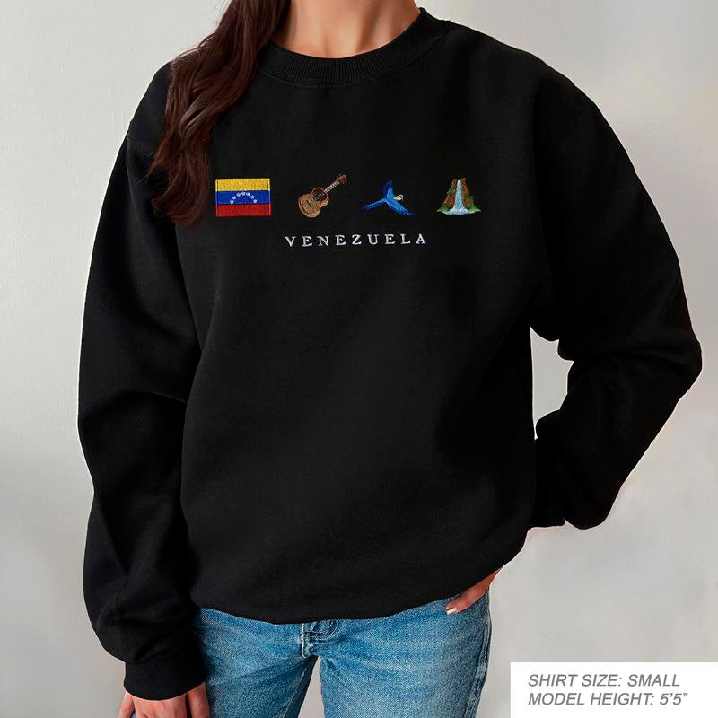 Venezuela Embroidery Sweatshirt, Cozy, Black, Angel Falls, Cuatro, Guacamaya, Arepa, Salto Angel, Guitar, Flag, Emoji, Venezuelan, Venezolano, Gift, Symbol Stitch, Caracas, Maracaibo, Joropo, Pana, Chamo, Hallacas, Ladilla, Symbol Stitch Crewneck Unisex