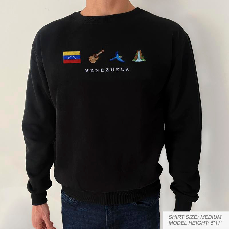 Venezuela Embroidery Sweatshirt, Cozy, Black, Angel Falls, Cuatro, Guacamaya, Arepa, Salto Angel, Guitar, Flag, Emoji, Venezuelan, Venezolano, Gift, Symbol Stitch, Caracas, Maracaibo, Joropo, Pana, Chamo, Hallacas, Ladilla, Symbol Stitch Crewneck Unisex
