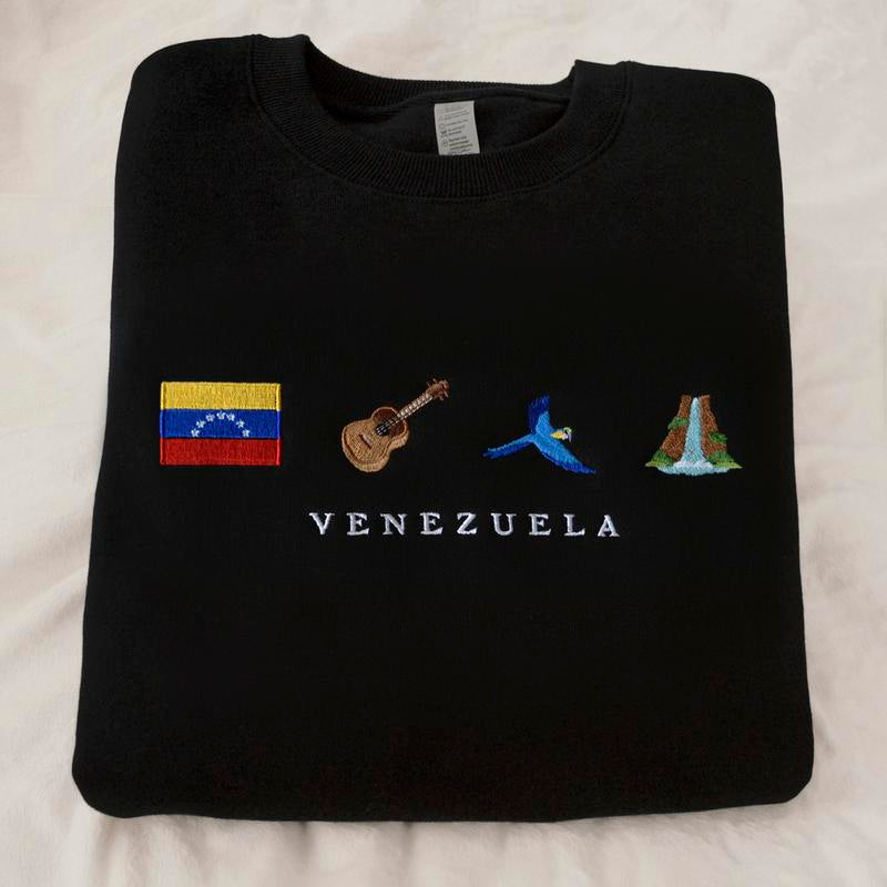 Venezuela Embroidery Sweatshirt, Cozy, Black, Angel Falls, Cuatro, Guacamaya, Arepa, Salto Angel, Guitar, Flag, Emoji, Venezuelan, Venezolano, Gift, Symbol Stitch, Caracas, Maracaibo, Joropo, Pana, Chamo, Hallacas, Ladilla, Symbol Stitch Crewneck Unisex